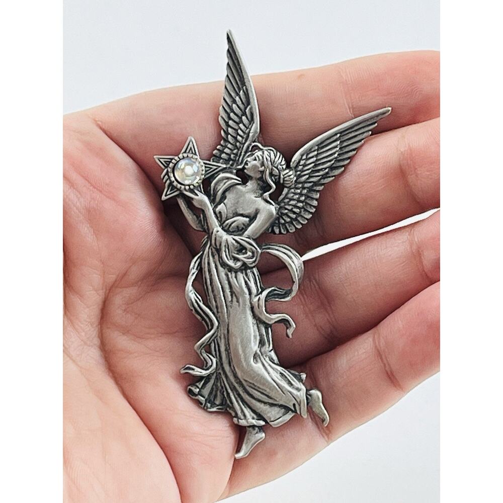 Vintage JJ Jonette Pin Angel Star Celestial Brooch Mystical Ball Lady Large 3” - Picture 13 of 14